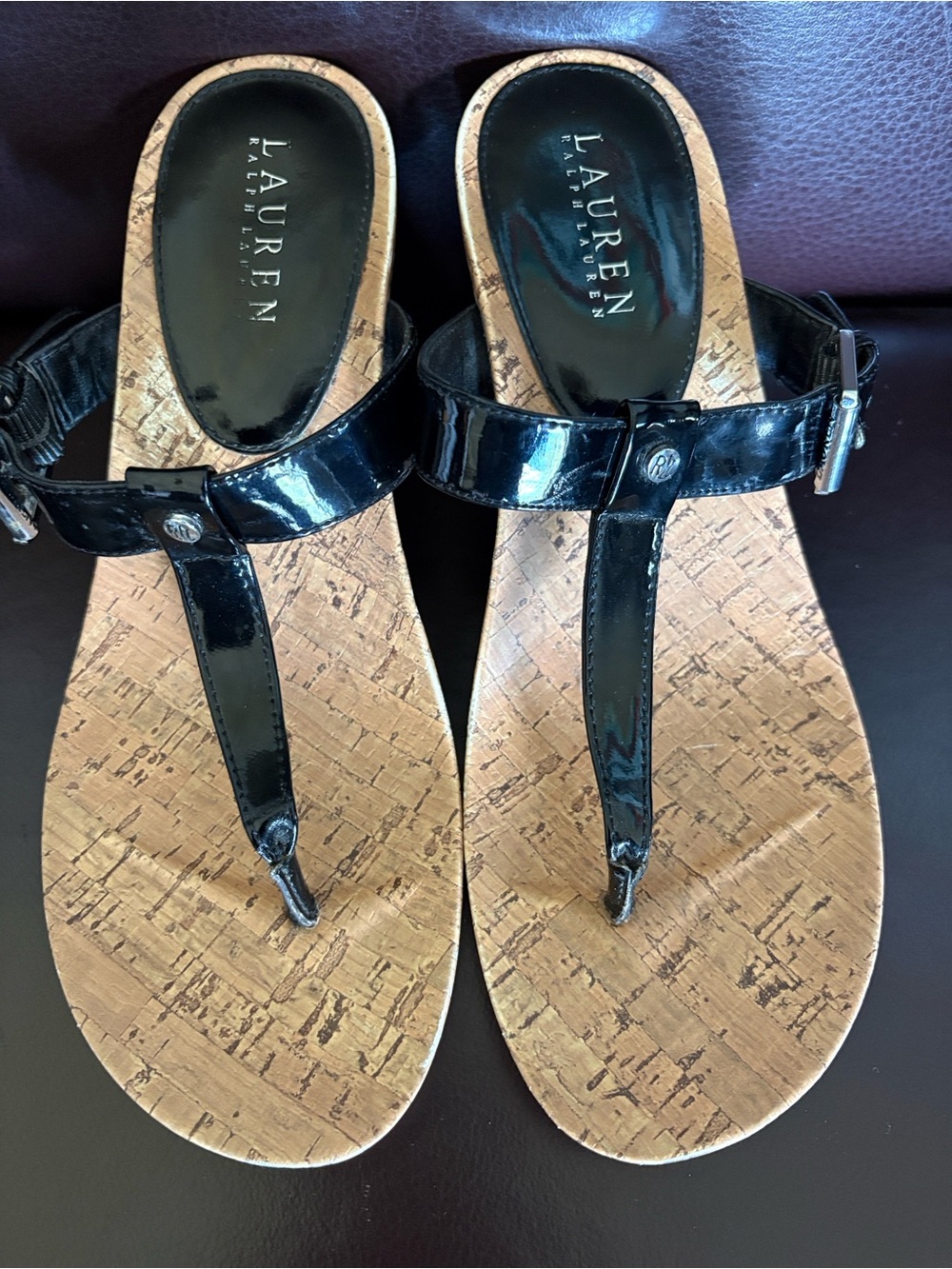 Lauren Ralph Lauren Black Patent Thong Sandals with Cork-Print Footbed